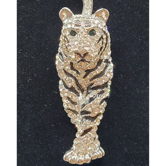 Sparkly Cubic Zirconia Tiger Green Eyes Black Enamel Pendant - Picture 3 of 7